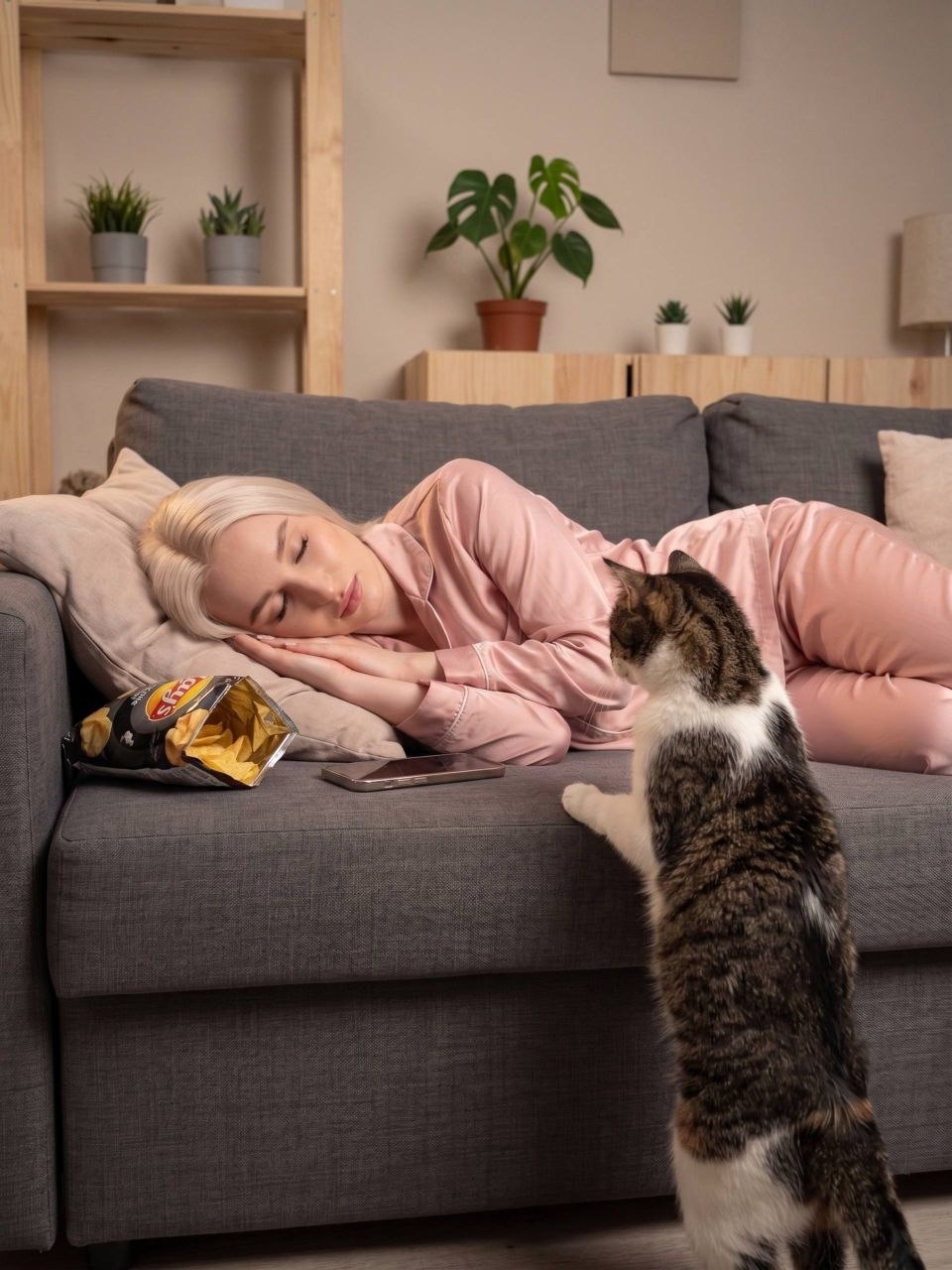 Женщина спит на диване с котом в уютной гостиной