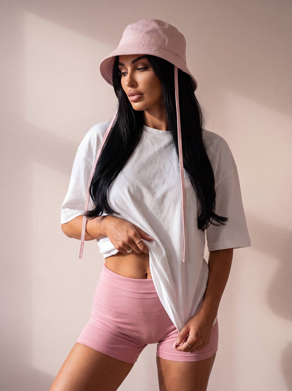Расслабленный fashion-портрет в розово-белом образе
