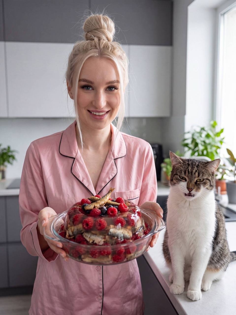 Женщина в розовой пижаме на кухне с котом