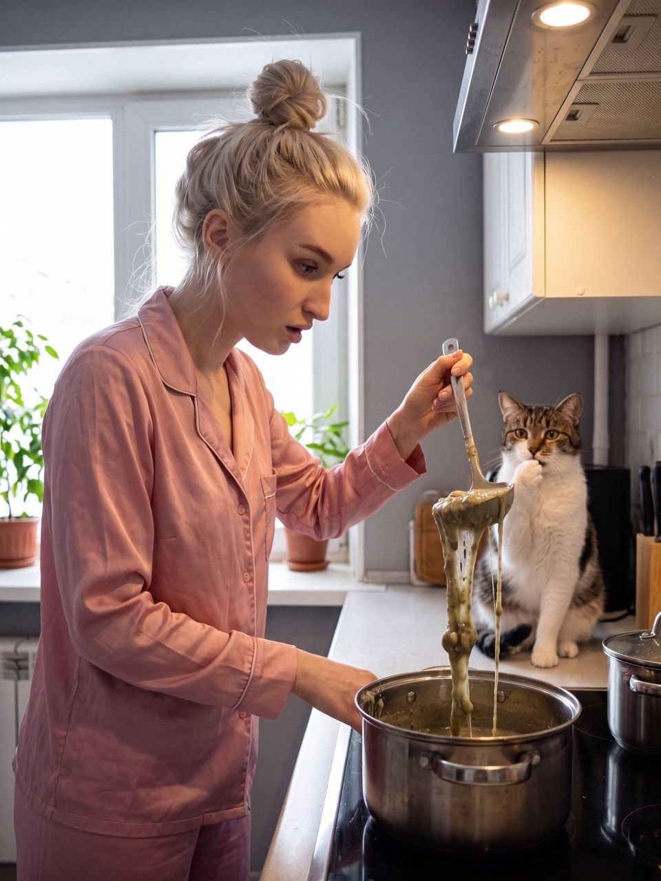 Женщина в розовой пижаме у плиты с котом