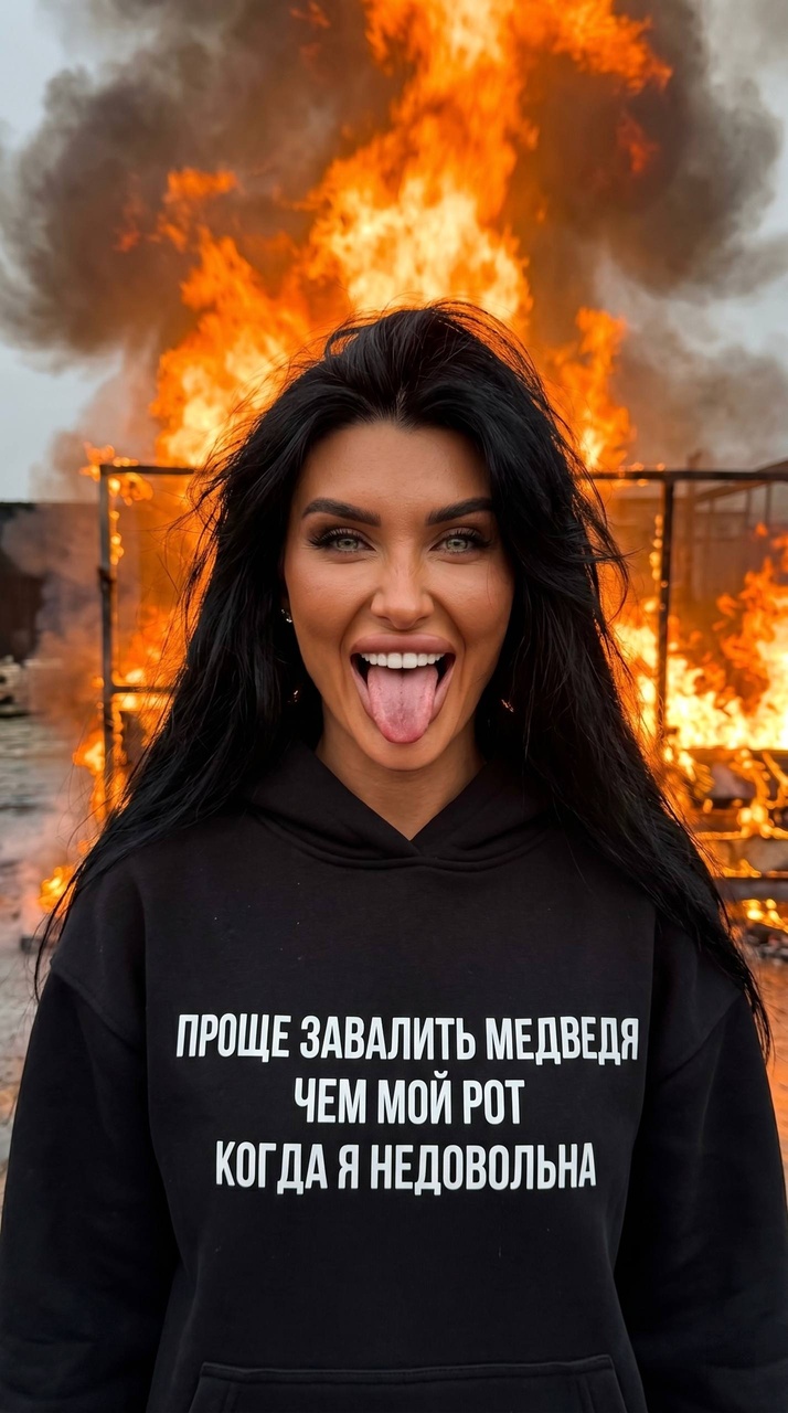 Девушка с зелёными глазами на фоне огня