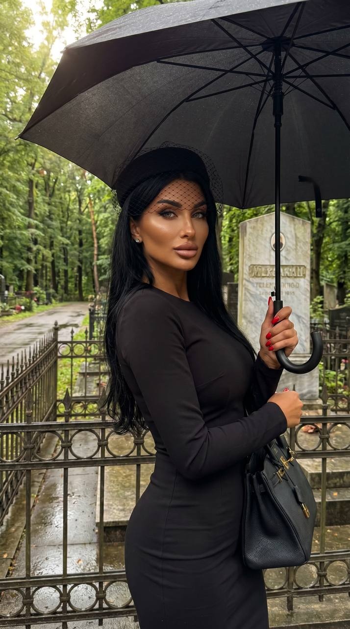 Элегантная женщина в дождливом кладбище