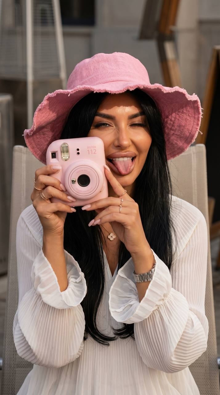 Девушка в летнем образе с розовым фотоаппаратом