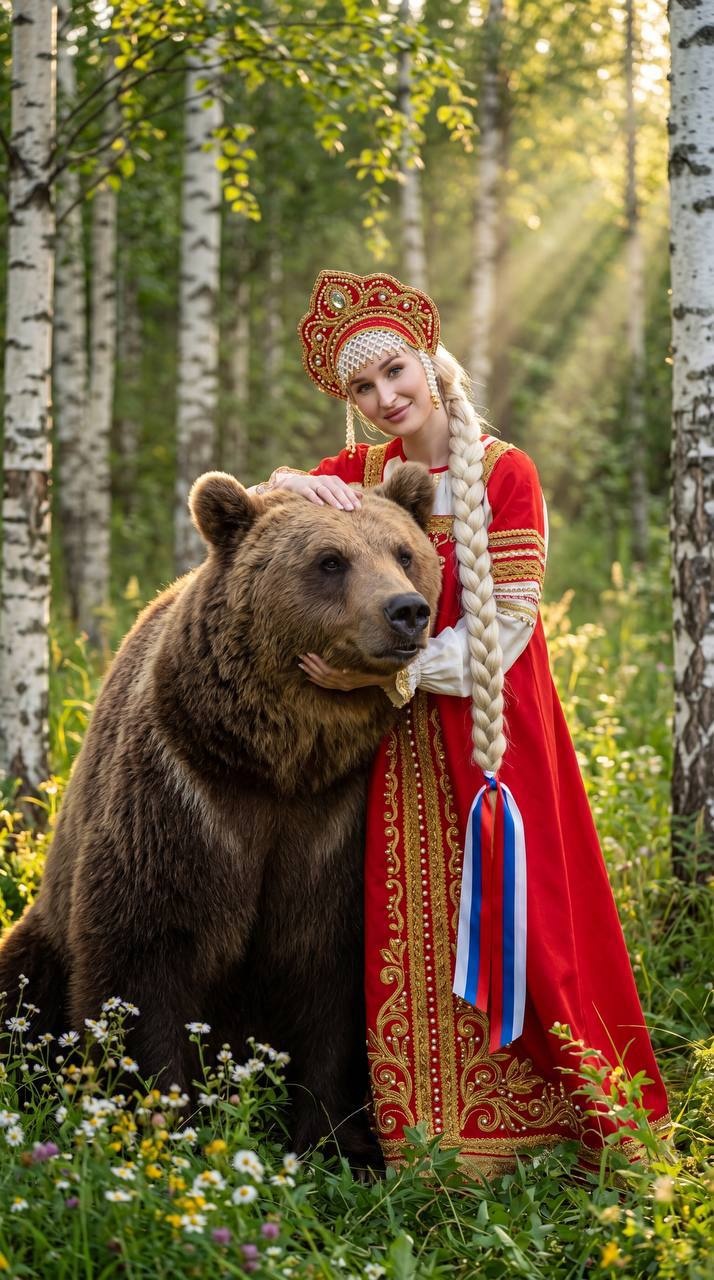 Женщина в русском народном наряде с медведем