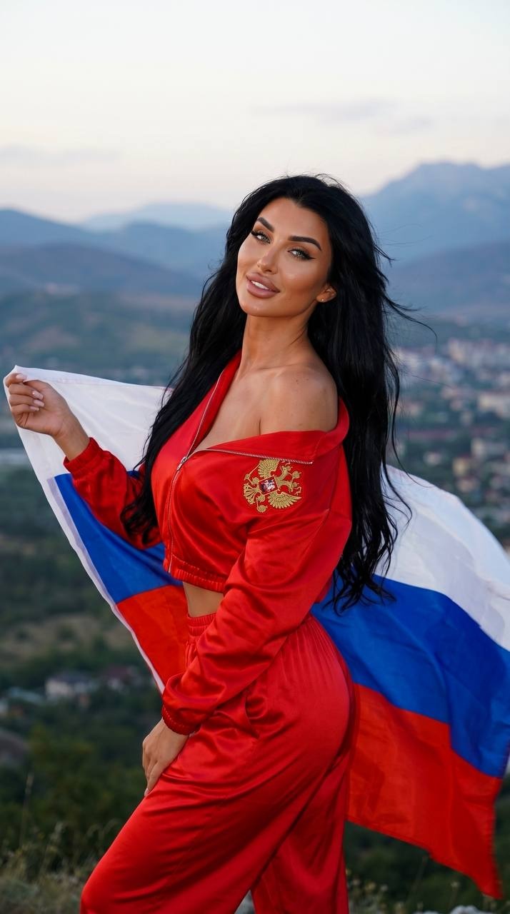 Девушка в красном костюме с российским флагом