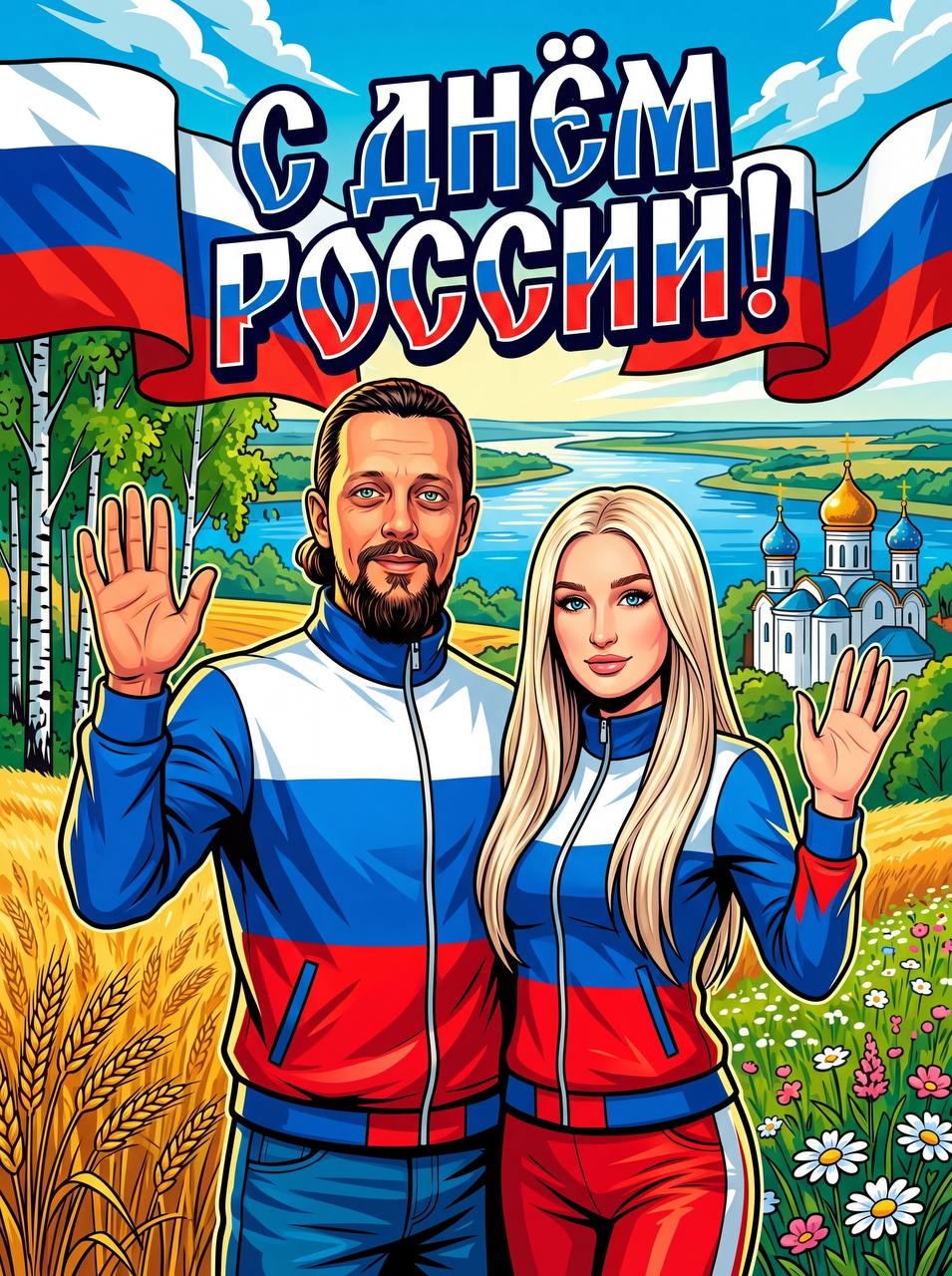 Праздничный постер ко Дню России с флагами