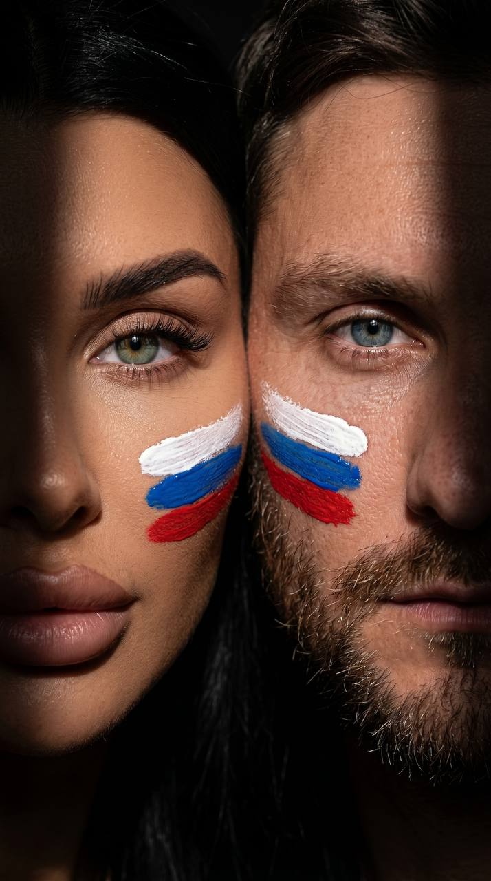 Крупный портрет мужчины и женщины с флагом России