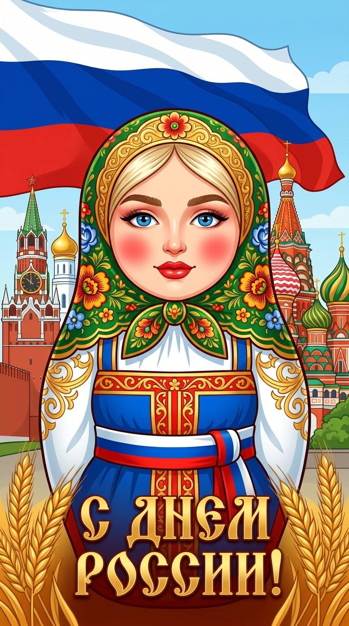 Праздничная матрёшка с лицом женщины и символами России