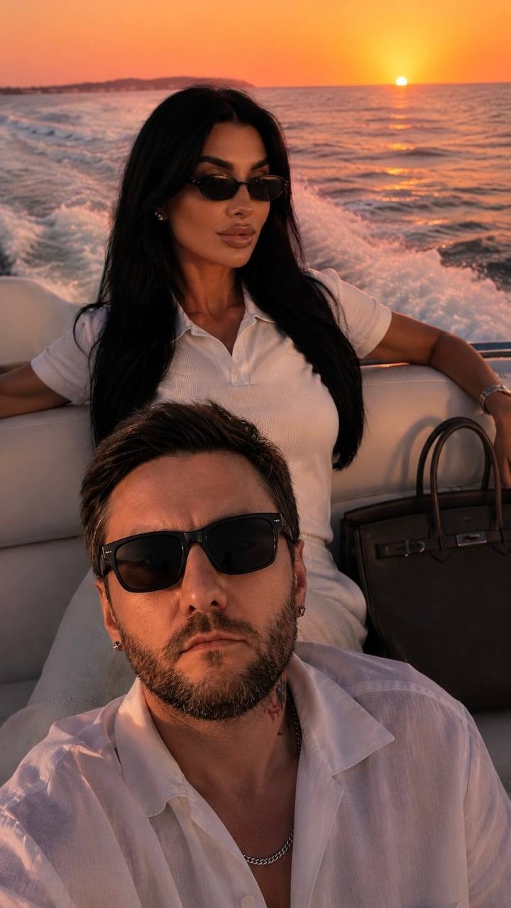 Мужчина и женщина на моторной яхте на закате