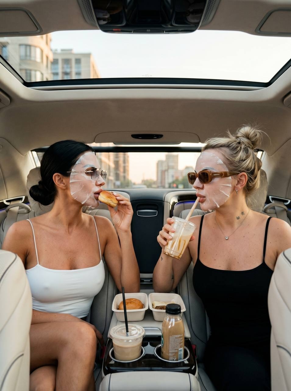 Две женщины в люксовом Mercedes с масками на лице