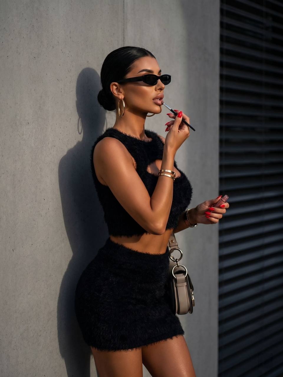 Уличный fashion-портрет женщины у серой стены