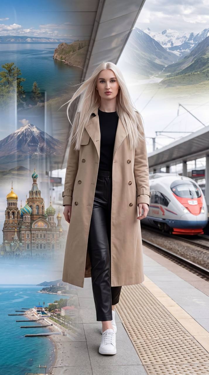 Молодая женщина на платформе с коллажем России