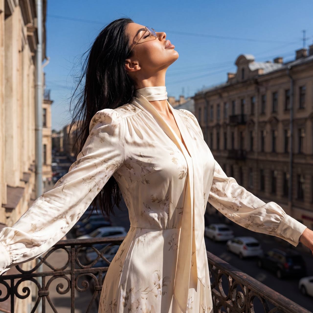 Элегантная женщина на балконе старого города