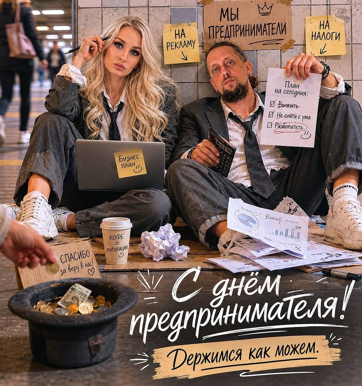 Юмористический постер о двух бизнесменах в метро