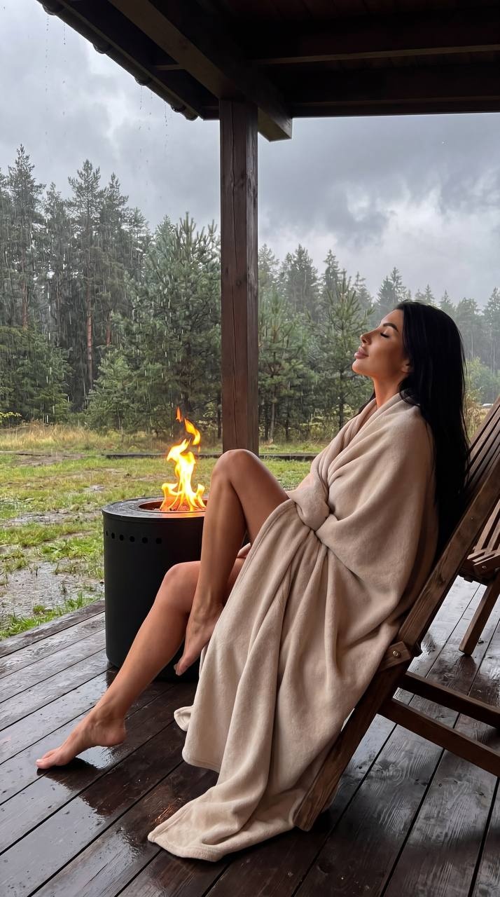 Женщина на веранде у камина в дождливом лесу