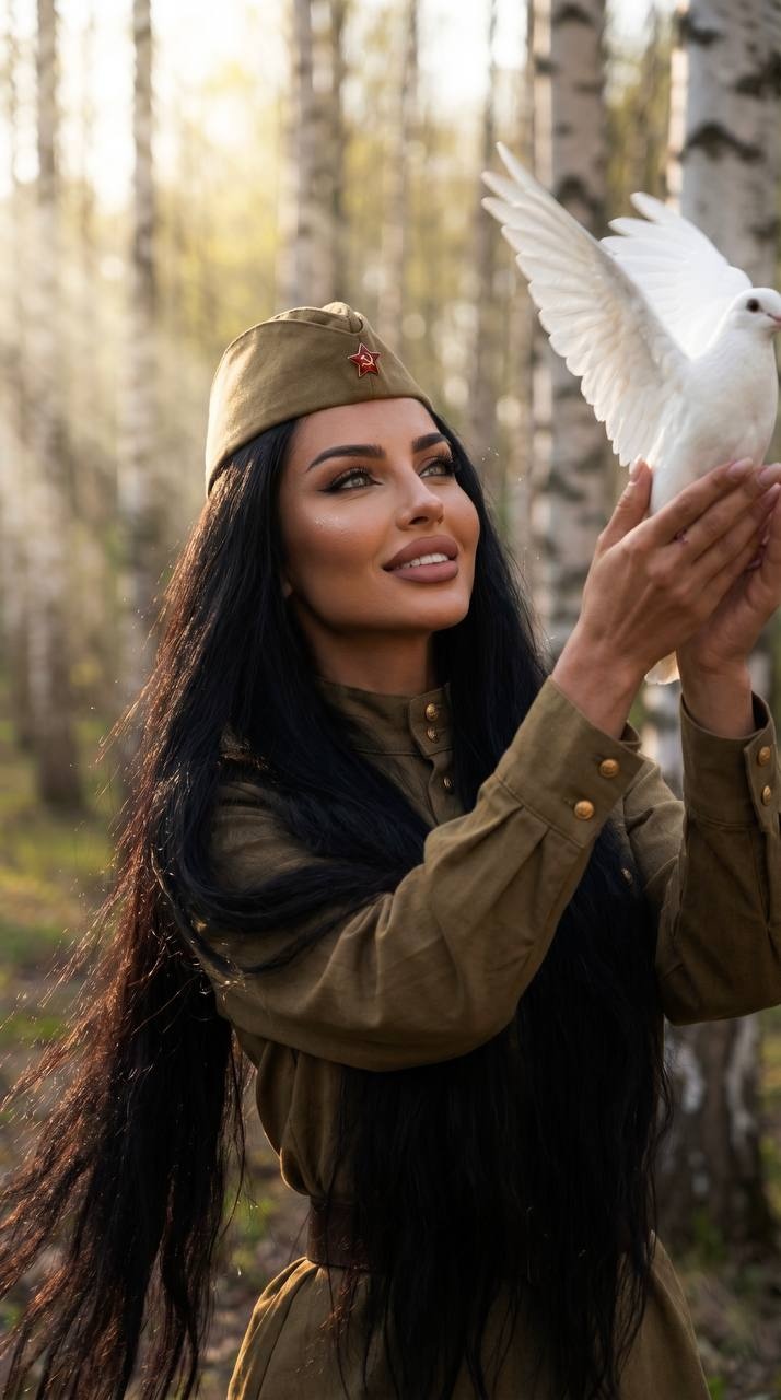 Портрет женщины в военной форме с голубем в берёзовом лесу
