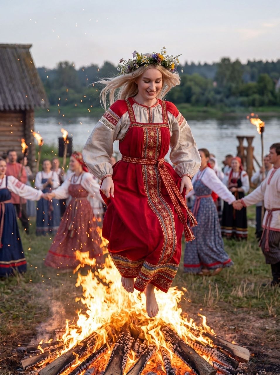 Прыжок через костёр на русском летнем празднике