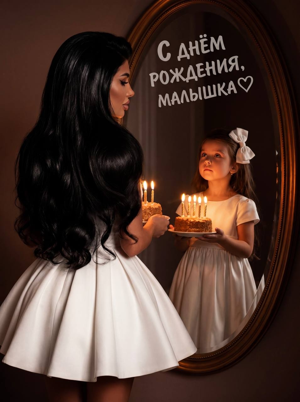 Девочка с тортом у овального зеркала на дне рождения
