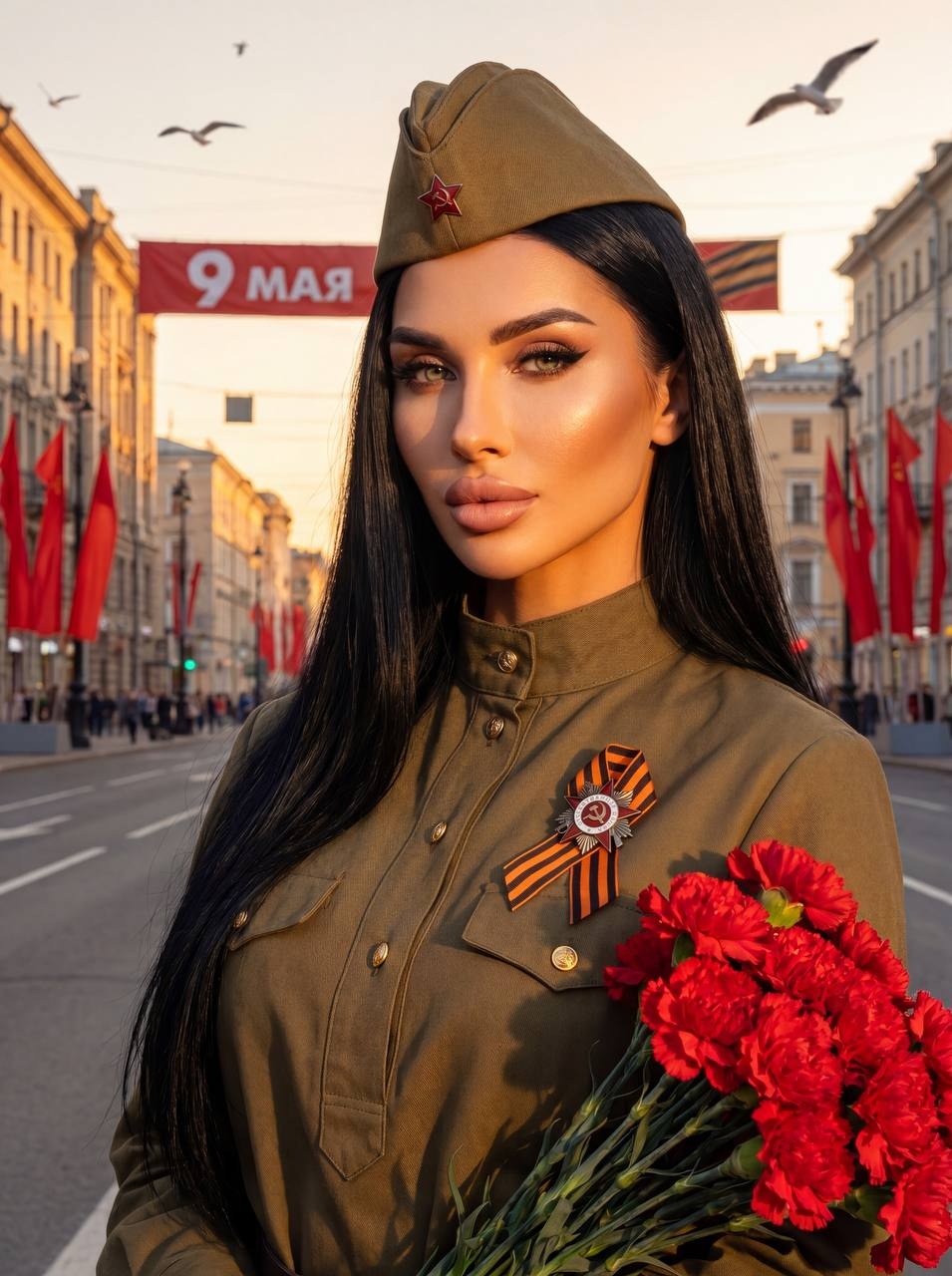 Девушка в военной форме с гвоздиками на 9 Мая