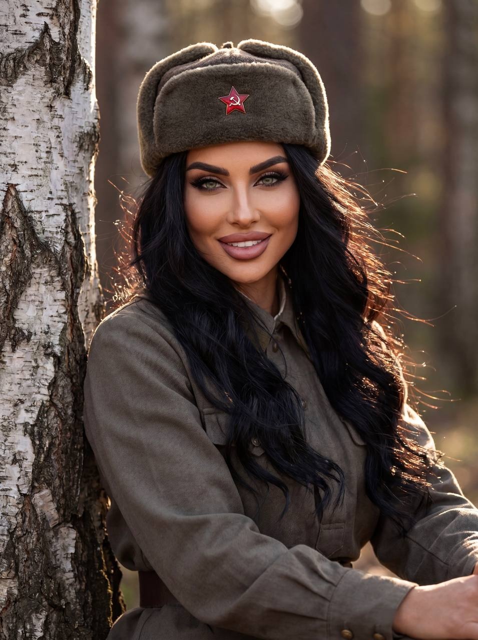Портрет женщины в военной форме у берёзы