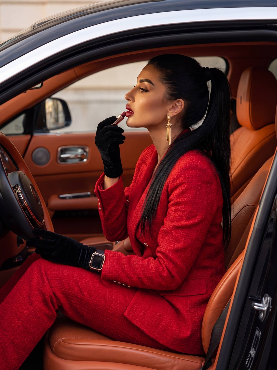 Элегантная женщина в красном костюме в люксовом авто