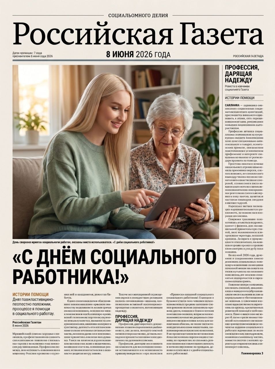 Вертикальная газетная первая полоса ко Дню соцработника