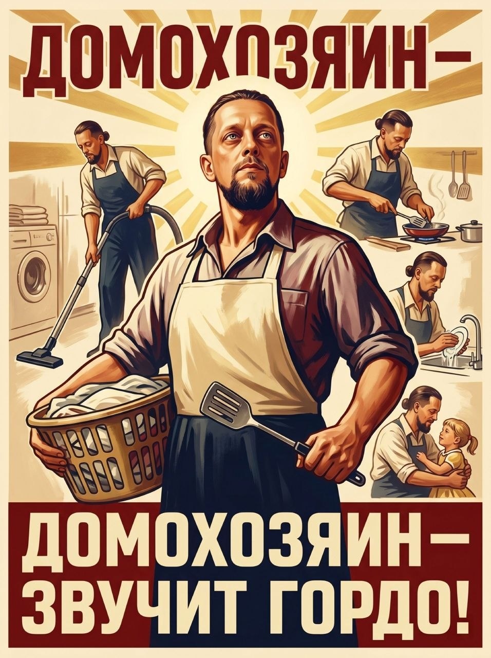 Советский ретро-плакат о мужчине-домохозяине