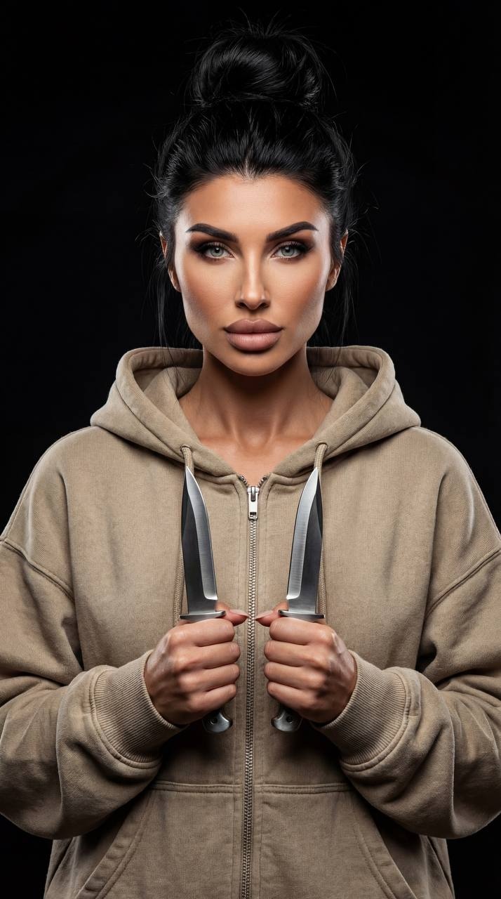 Fashion-портрет женщины с ножами на чёрном фоне