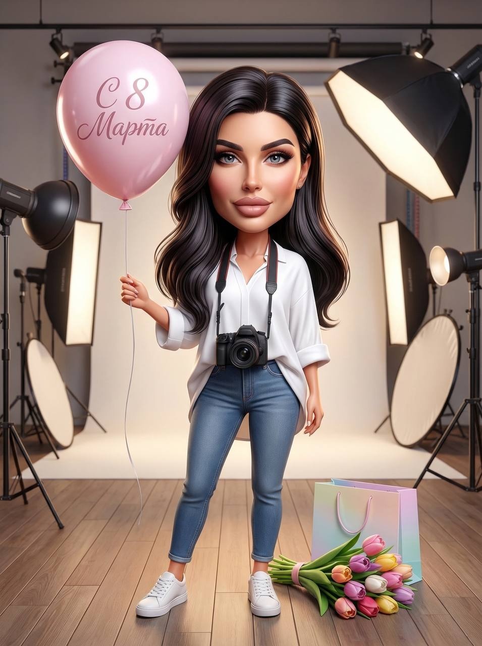 Милая 3D-девушка в фотостудии с шаром