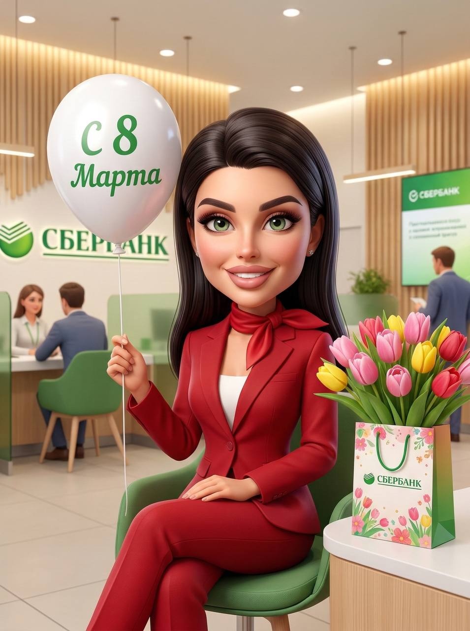 Милая 3D-девушка в отделении Сбербанка к 8 Марта