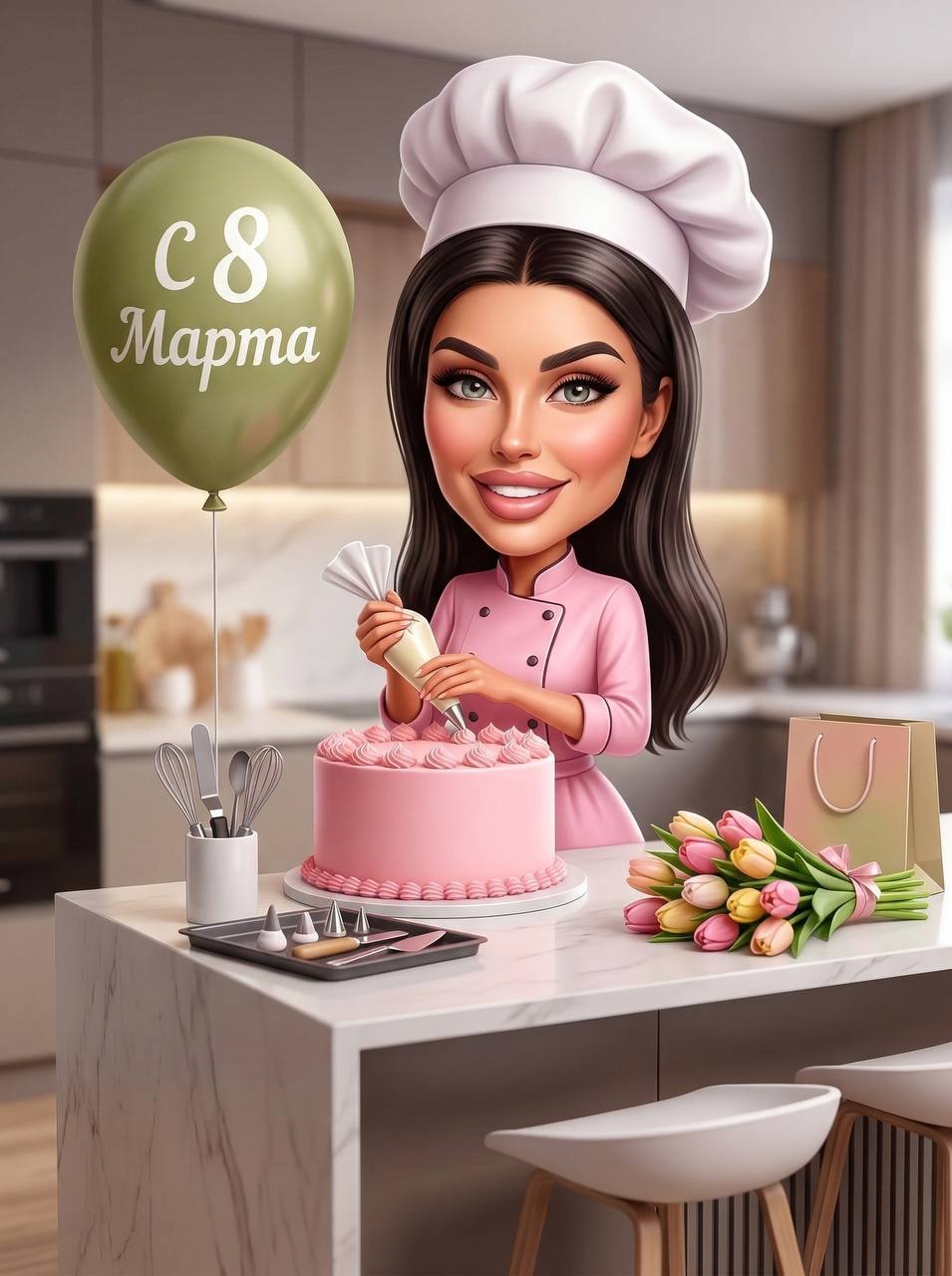 Милая 3D-девушка-кондитер у розового торта