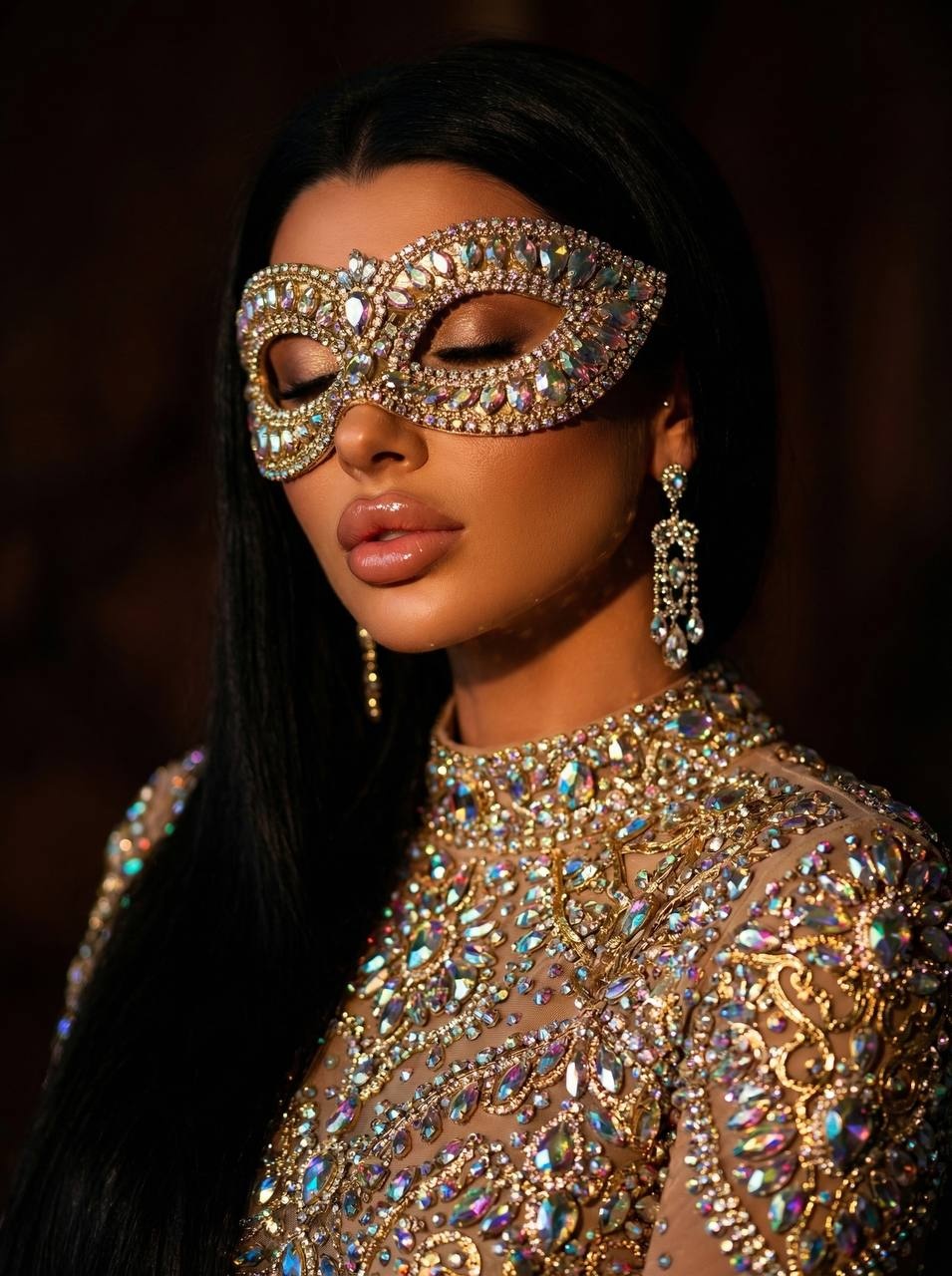 Таинственный fashion-портрет женщины в золотом костюме