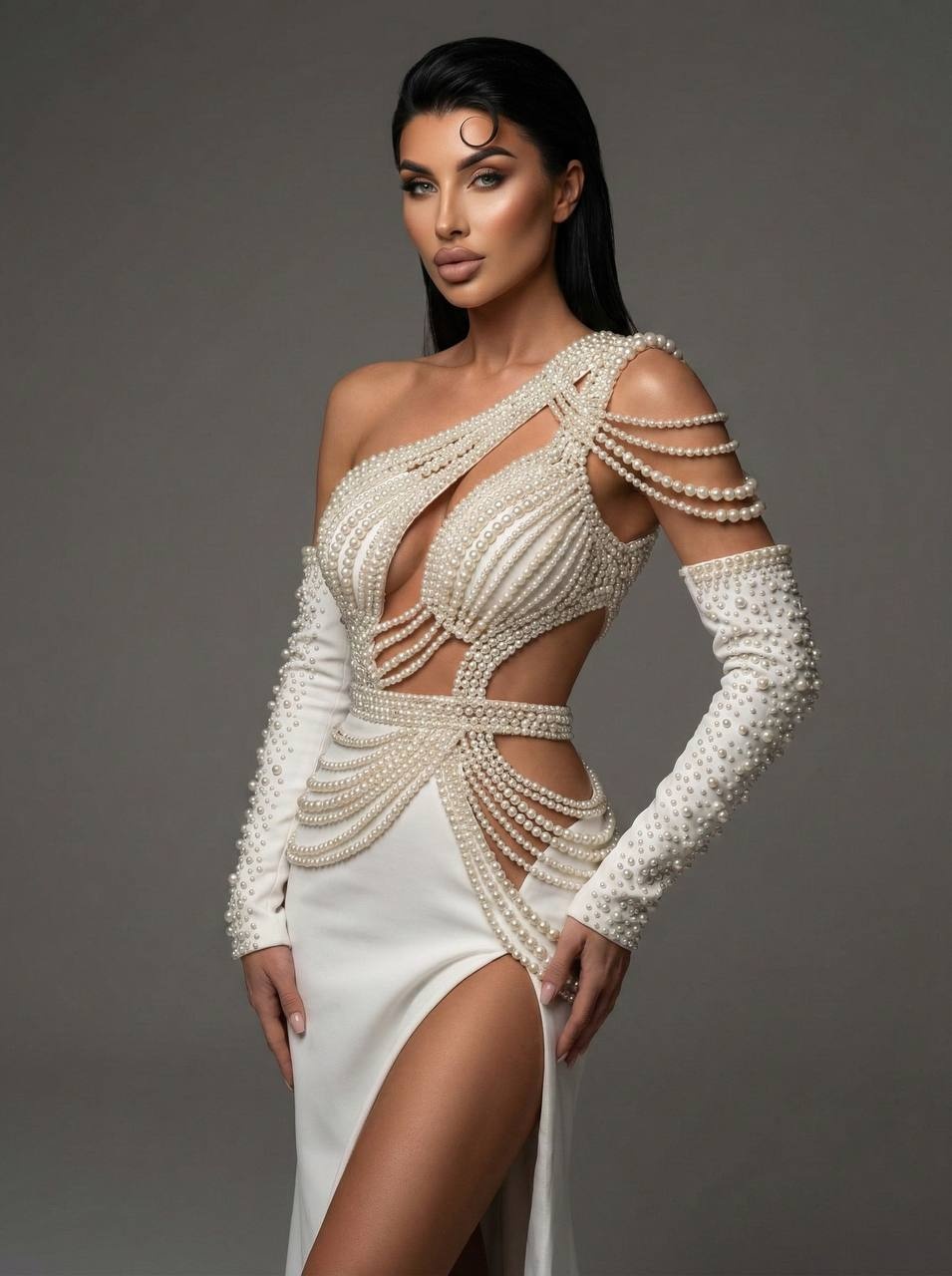 Элегантный fashion-портрет в белом платье с жемчугом