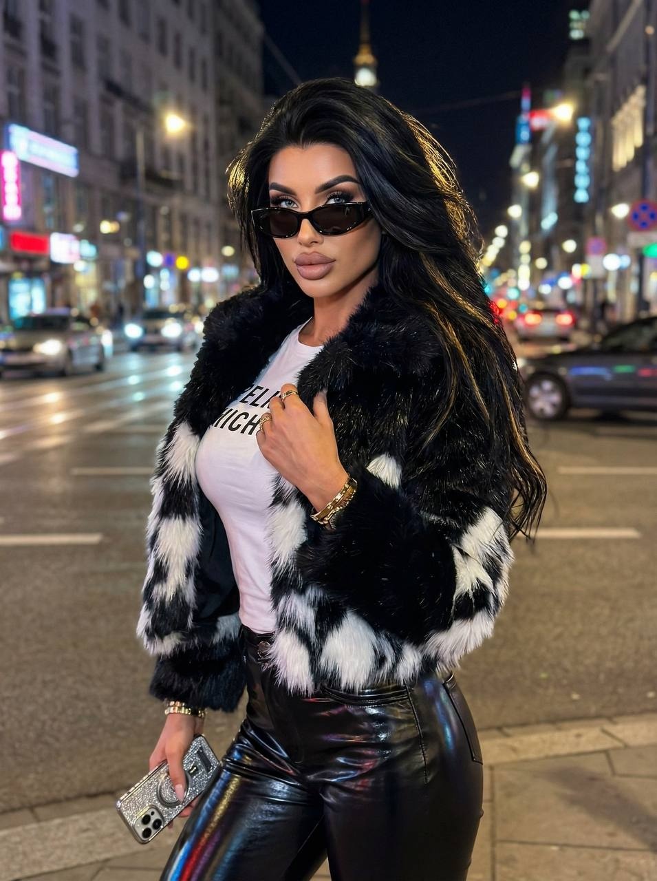Женщина в меховом пальто на ночной улице