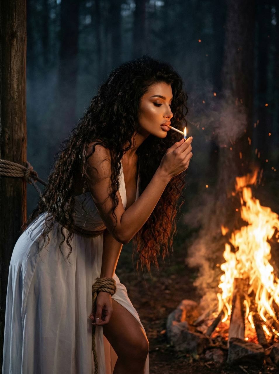 Женщина в белом платье у костра в тёмном лесу