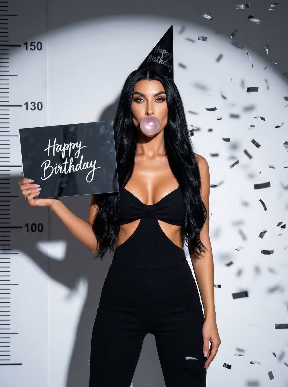 Девушка в чёрном наряде с табличкой Happy Birthday
