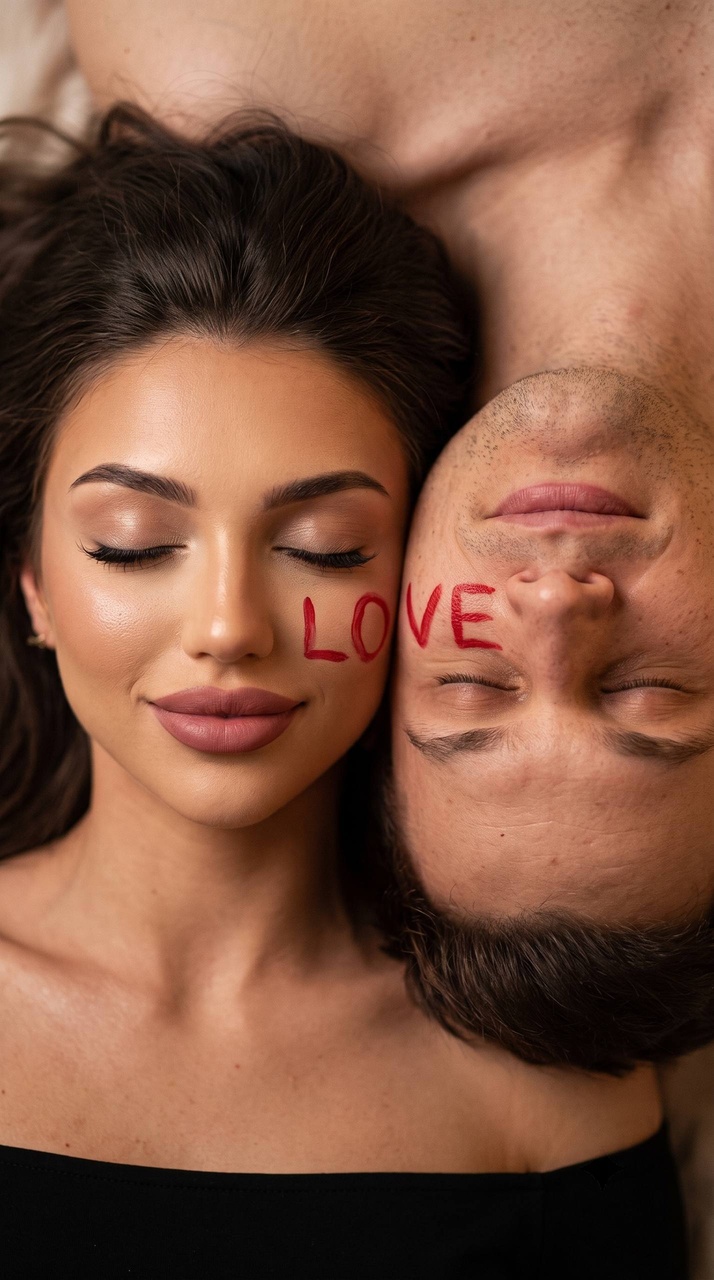 Романтичный портрет пары с надписью LOVE на щеках