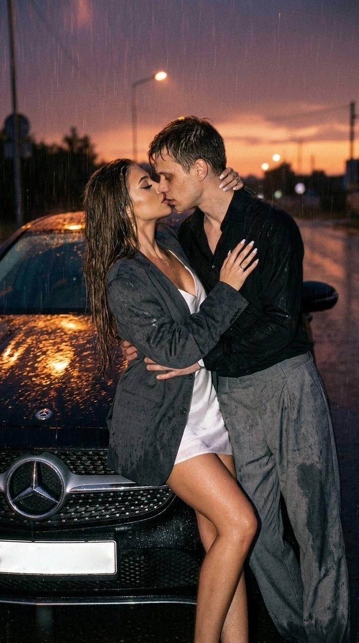 Поцелуй пары у чёрного Mercedes на закате