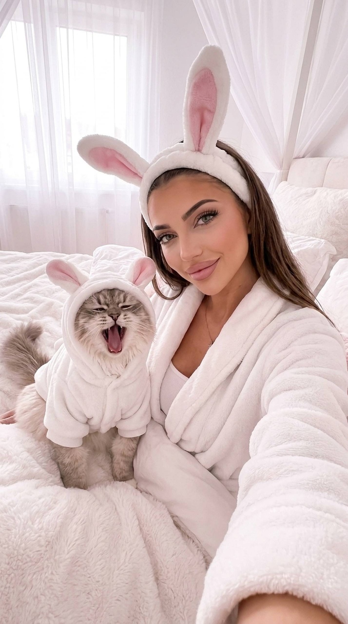 Уютное селфи женщины с котом в костюме зайца