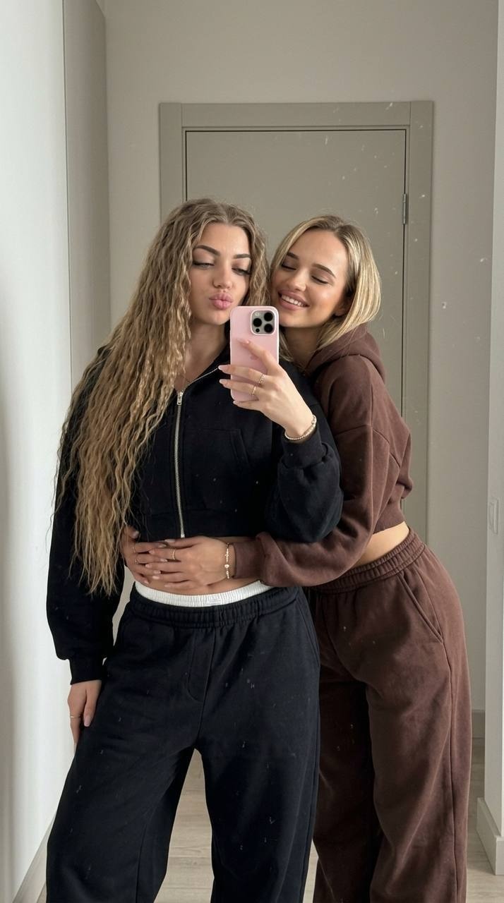 Зеркальное селфи двух женщин в минималистичном холле