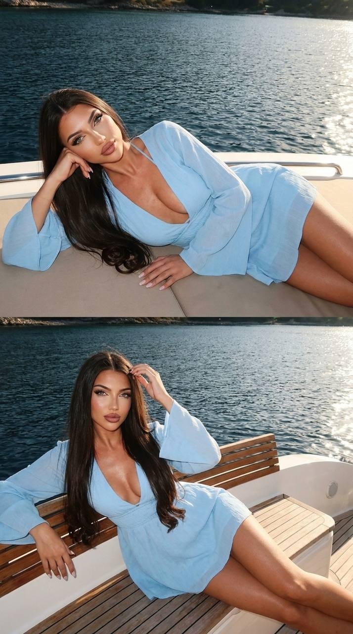 Диптих: девушка на яхте у тёмно-синей воды