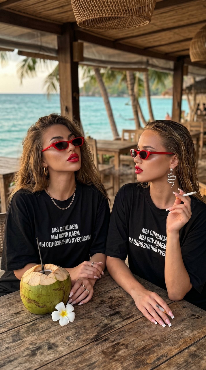 Две женщины в пляжном кафе на закате