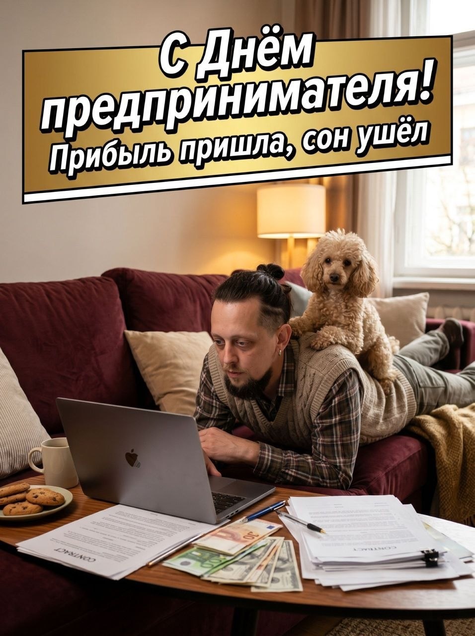 Мужчина на диване с пуделем и документами