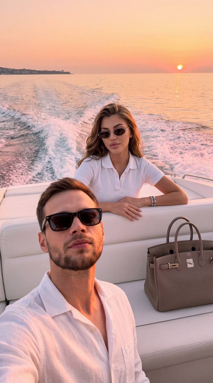 Стильная пара на моторной лодке на закате