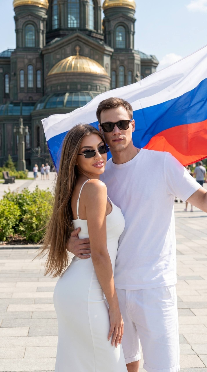 Молодая пара у Главного храма ВС РФ в Парке Патриот