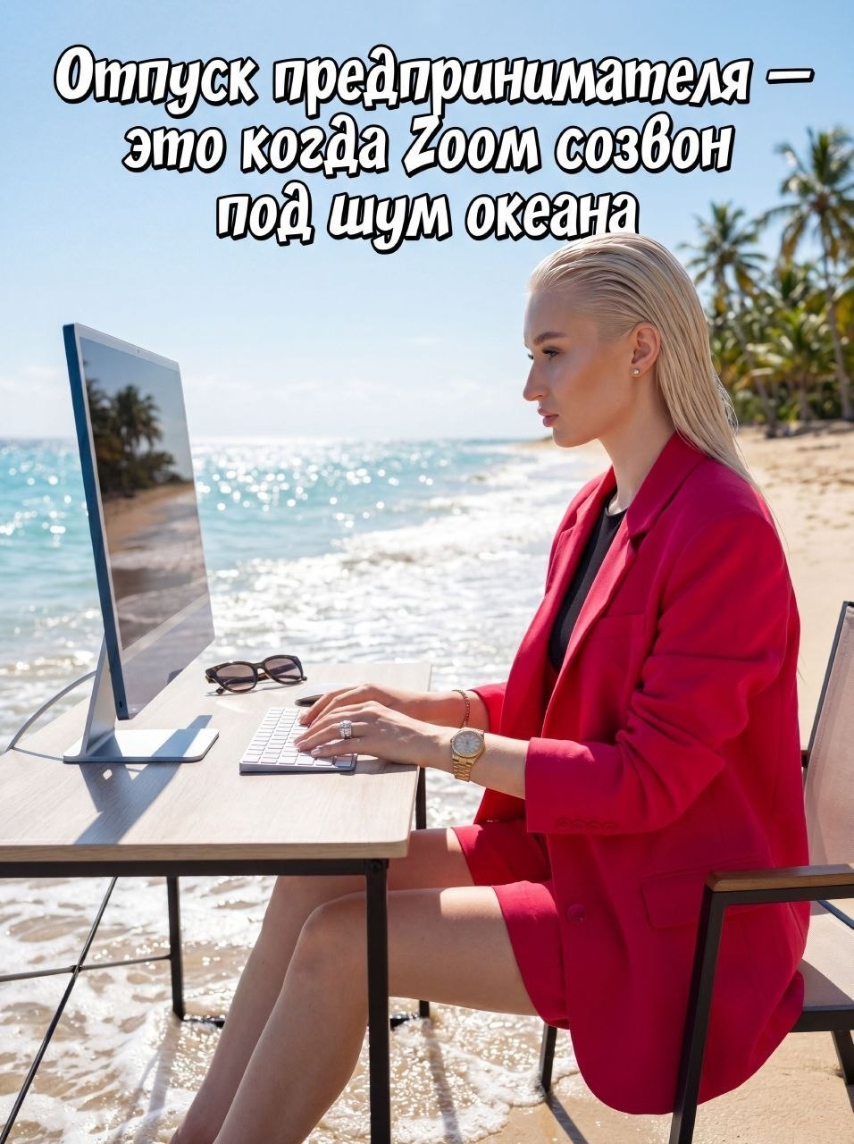 Женщина в фуксиевом костюме у океанского офиса
