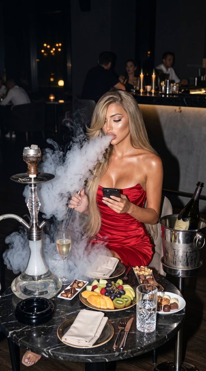 Женщина в роскошном баре с кальяном и телефоном