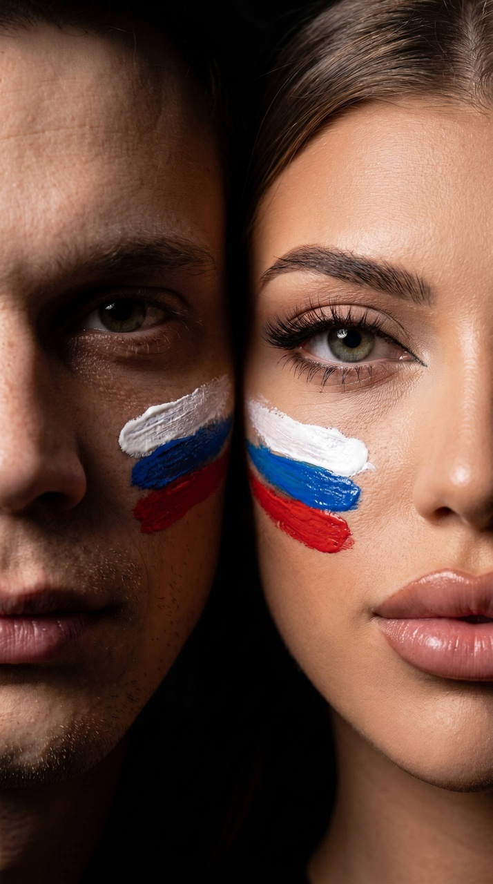 Пара лицом к лицу с росписью флага России