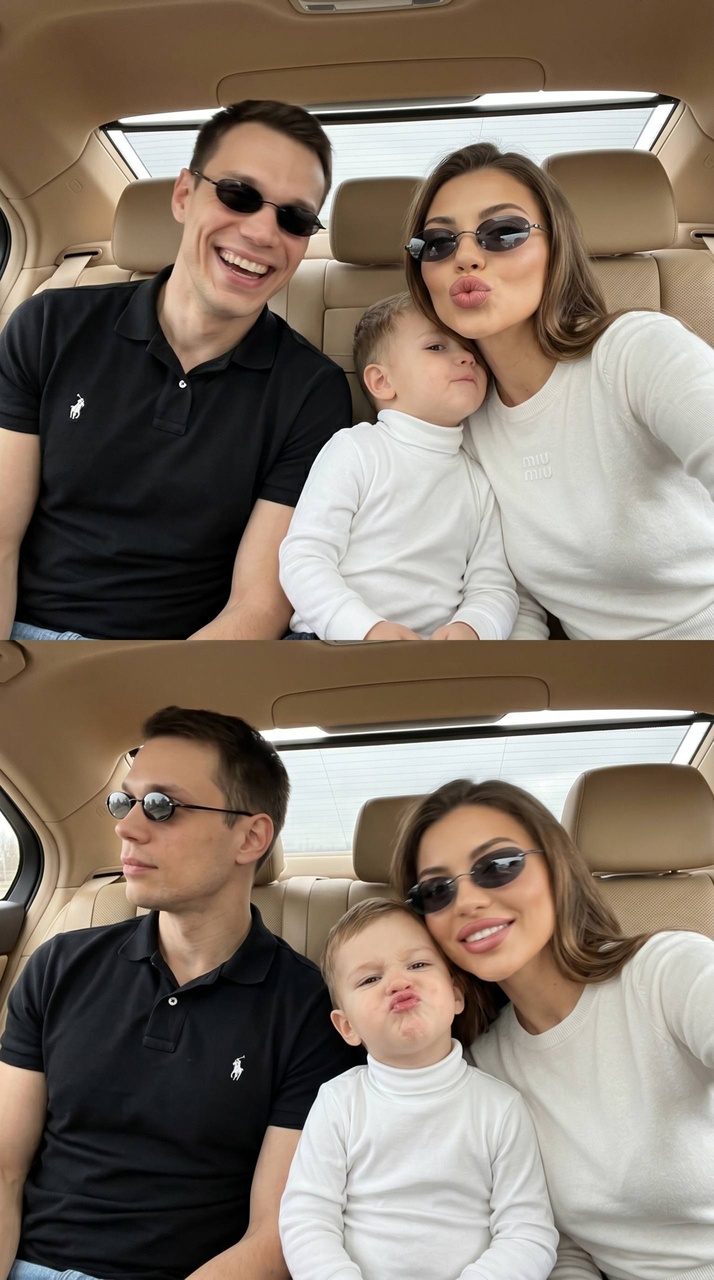 Семейные селфи на заднем сиденье автомобиля