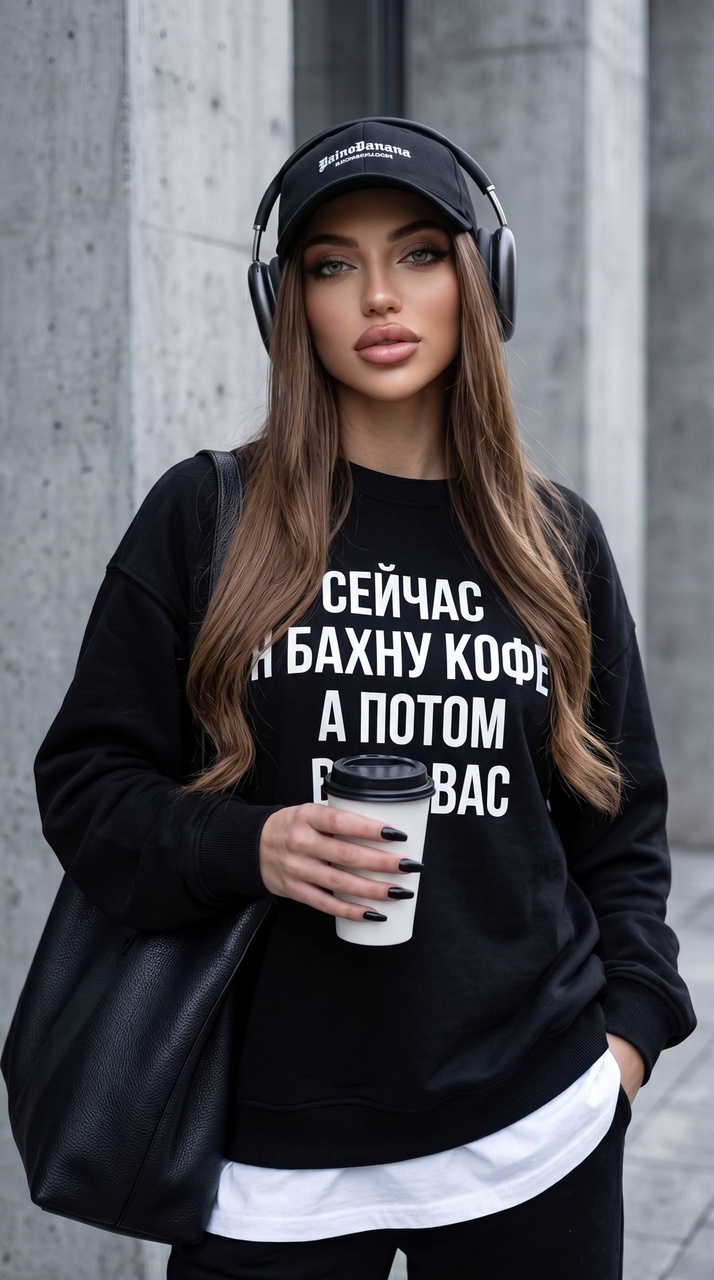 Девушка в чёрной одежде у серого городского фасада